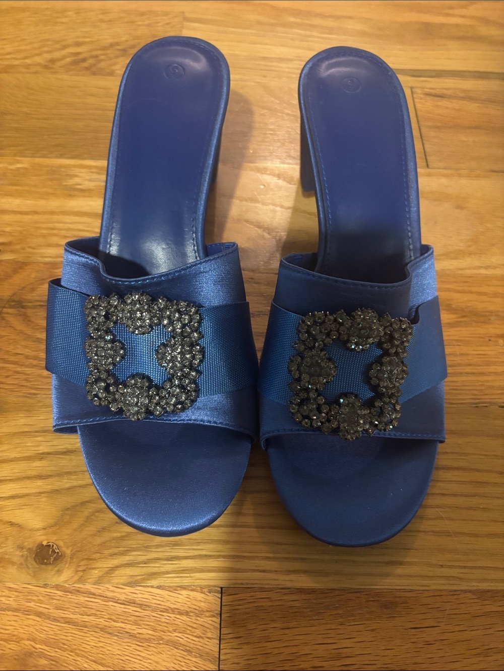 Blue Satin Slide Sandals with Embellished Buckle